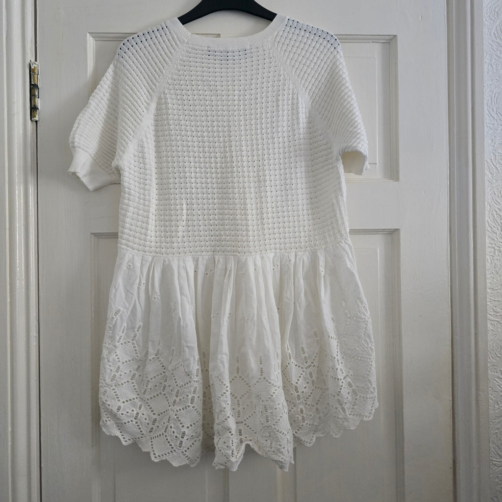 French Connection White Textured Knit Top with Lace Hem, Size S