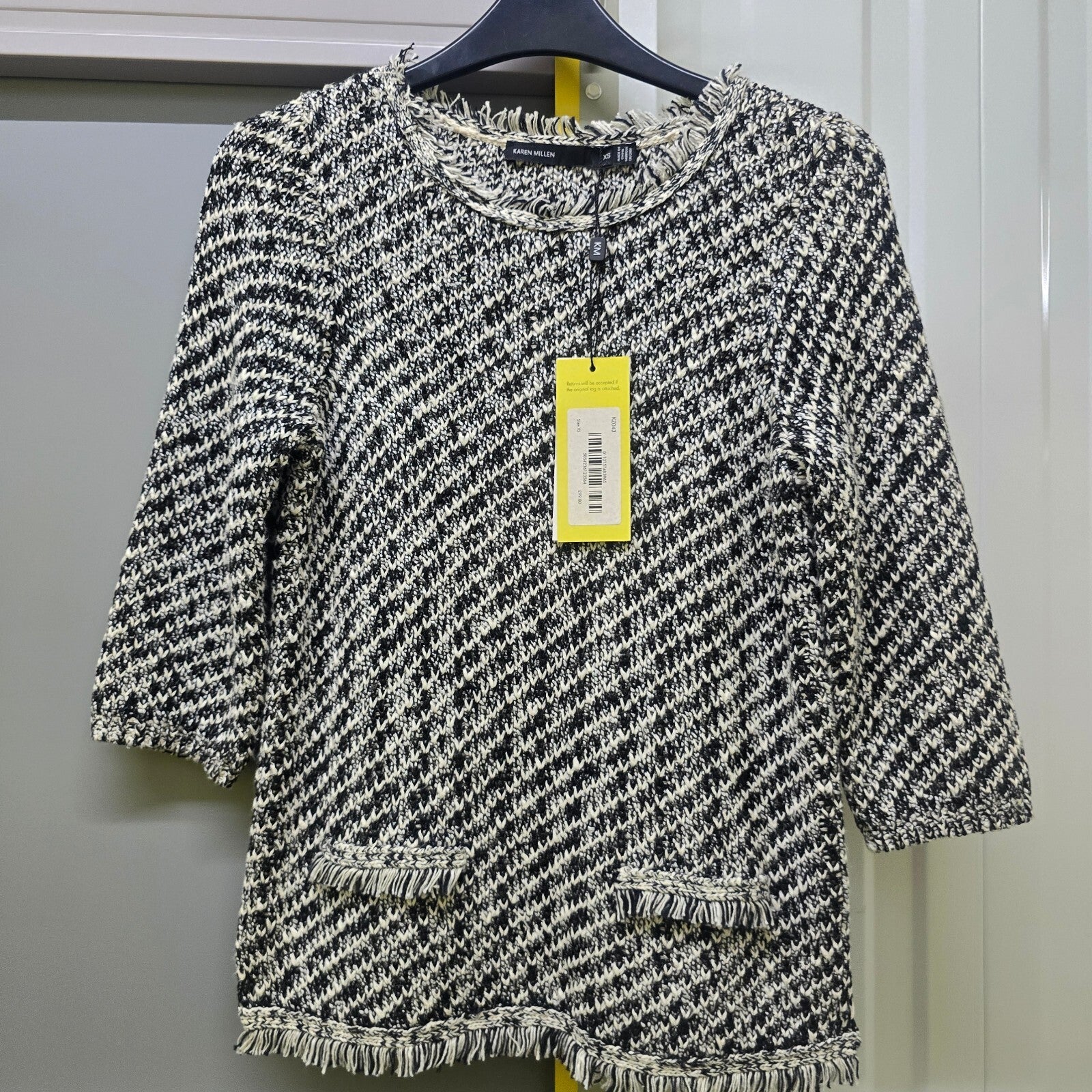 Karen Millen XS Black and White Knit Sweater Jumper with Fringe Detail BNWT, S