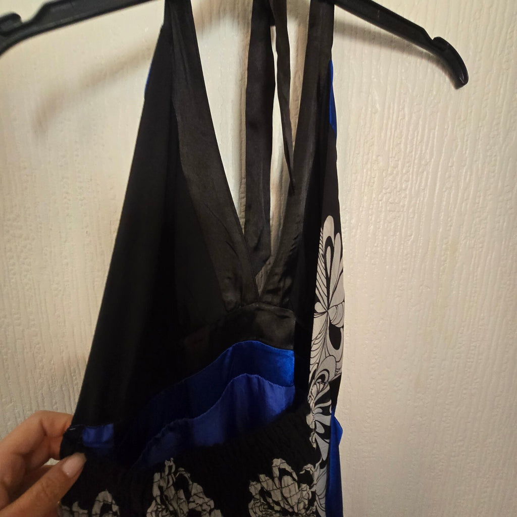 Tribeca Blue and Black Floral Halter Maxi Dress UK Size 8