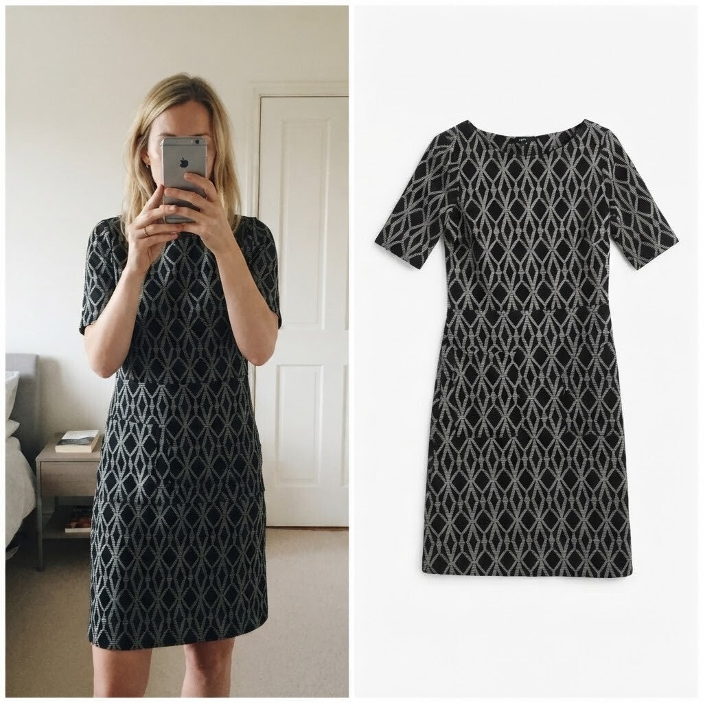 Next Black and Grey Geometric Pattern Short Sleeve Dress, size 8