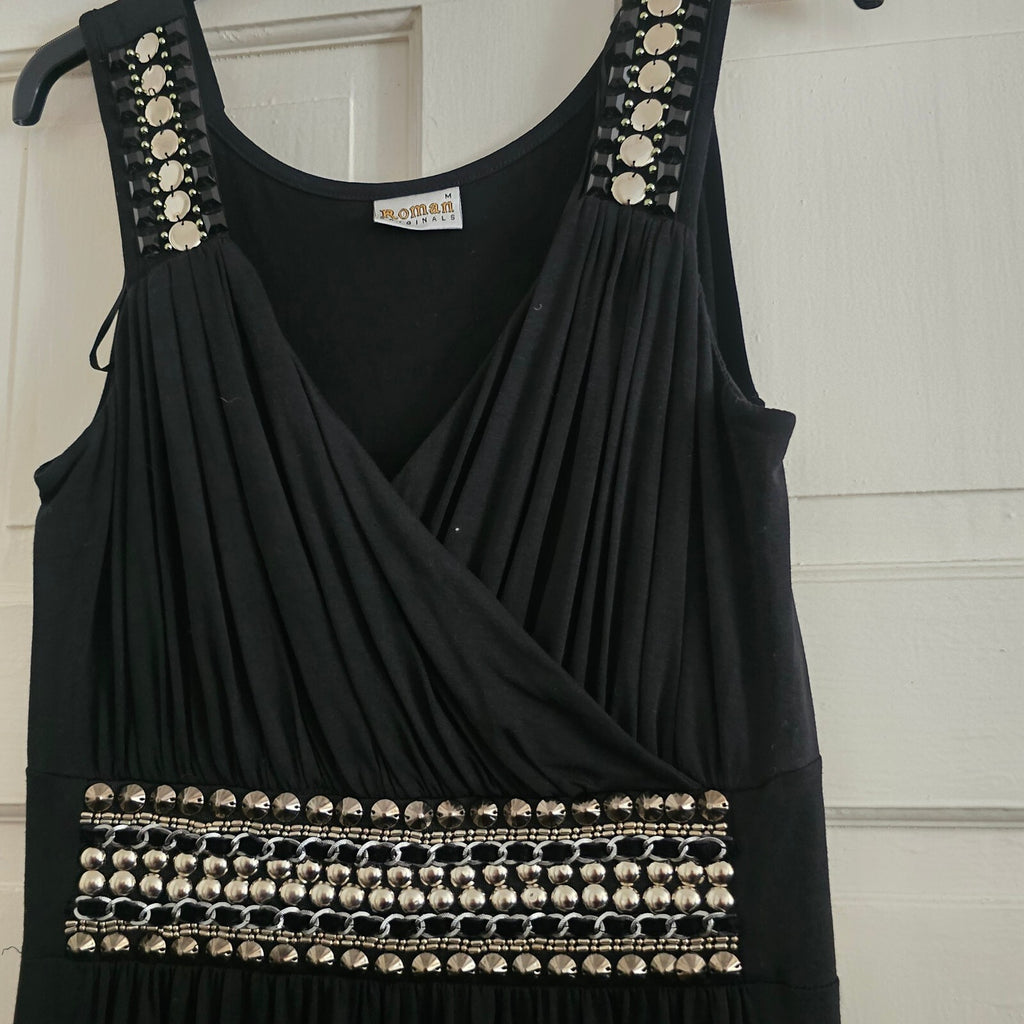 Roman Originals Black Jersey Wrap front boho Embellished Maxi Dress, size M