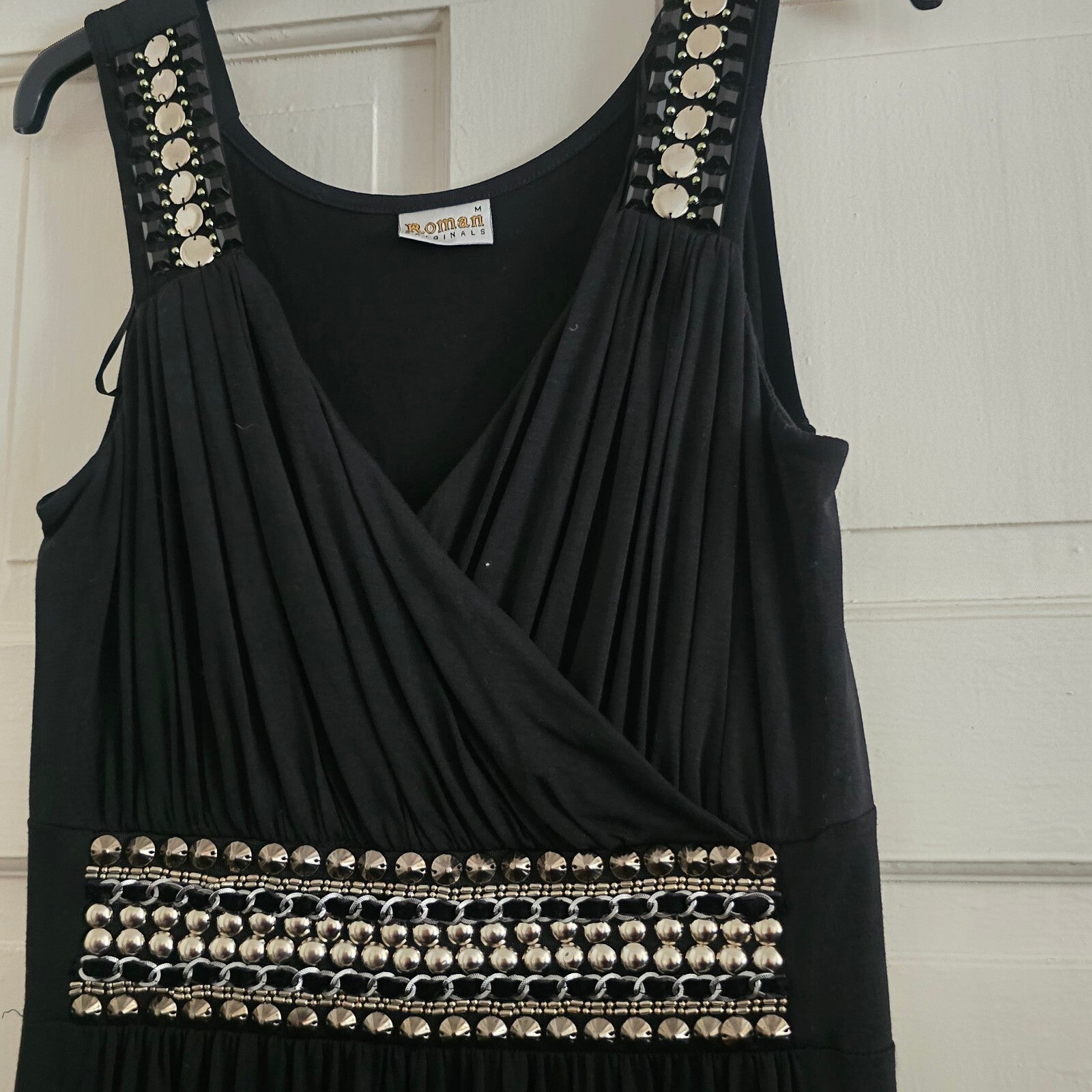 Roman Originals Black Jersey Wrap front boho Embellished Maxi Dress, size M