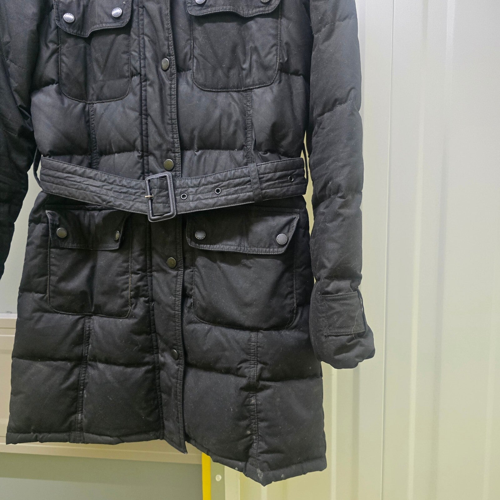 Barbour Storm Down Waterproof Wax Jacket with Faux Fur Hood Trim - UK Size 8