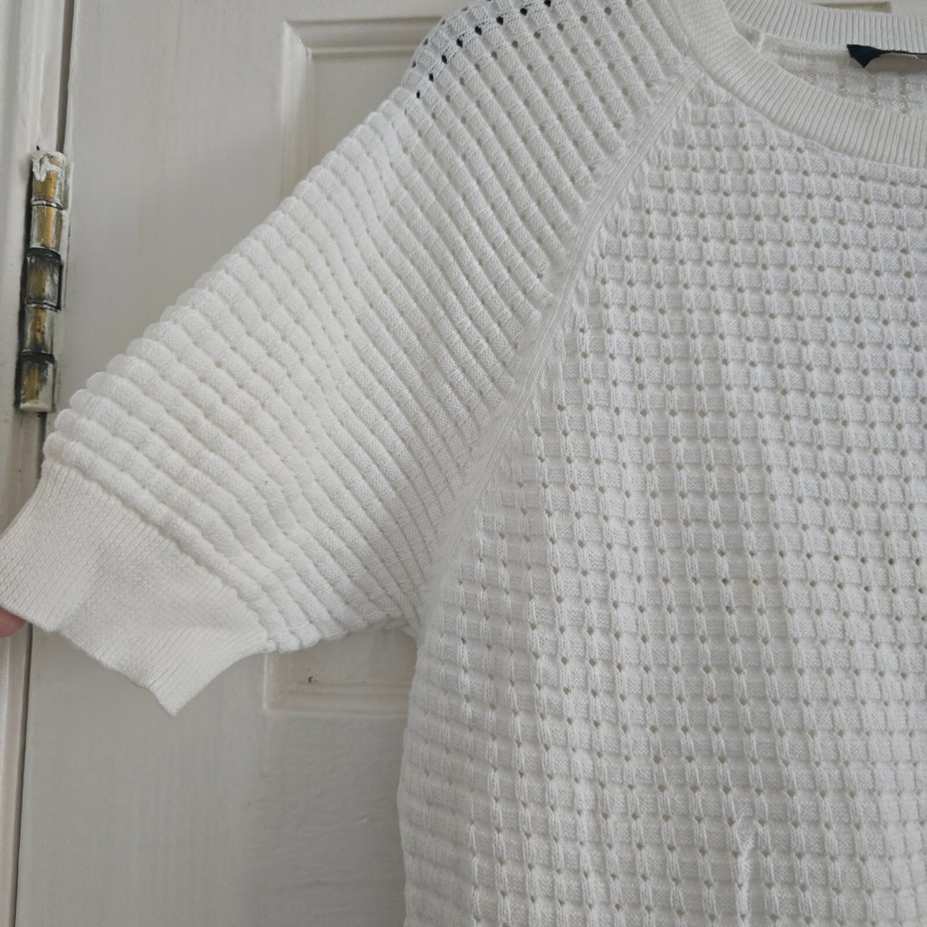 French Connection White Textured Knit Top with Lace Hem, Size S