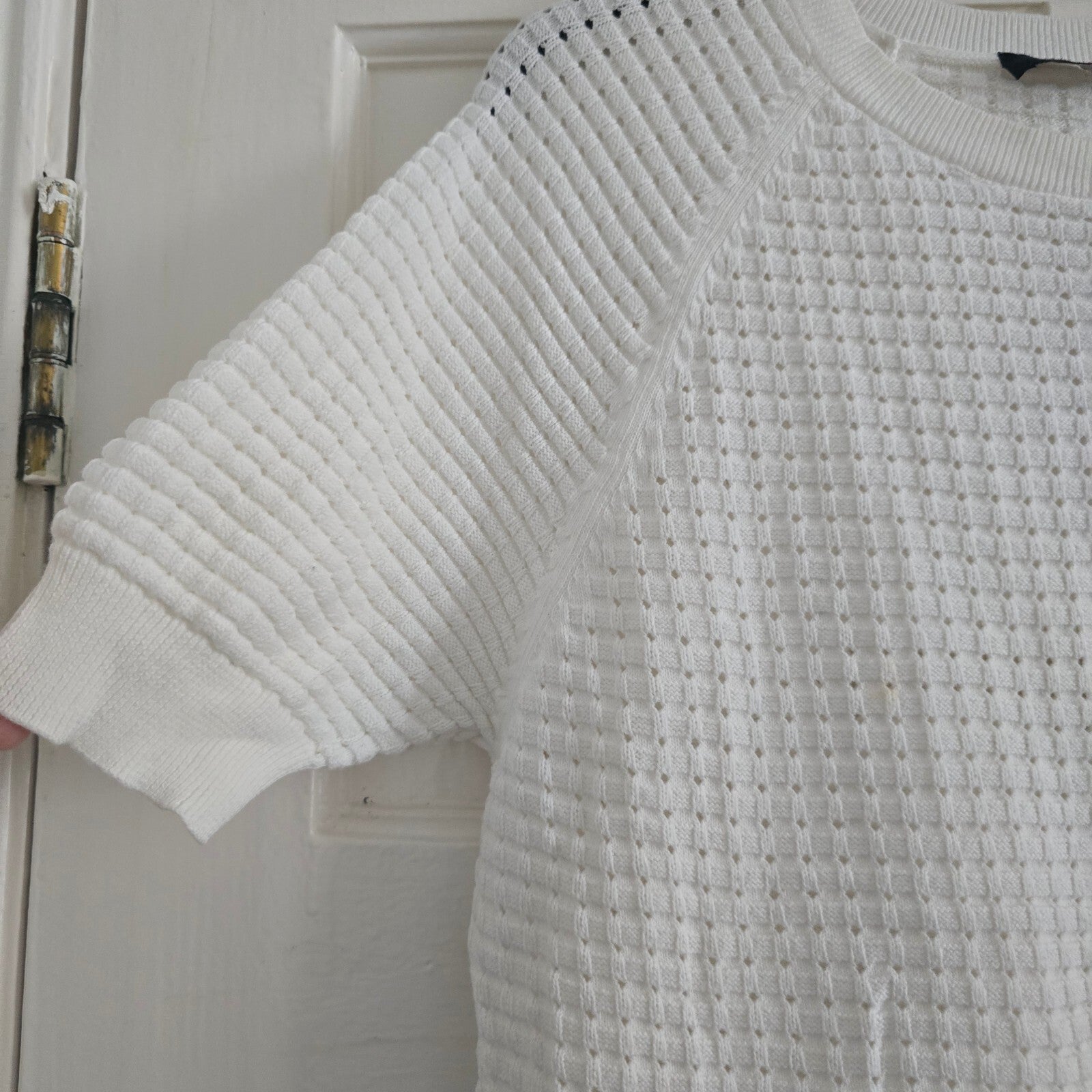 French Connection White Textured Knit Top with Lace Hem, Size S