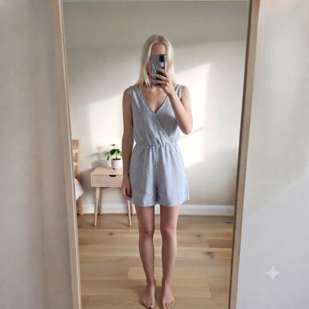 T.G.I.L. Blue and White Striped Sleeveless Romper, size S, linen mix, pockets