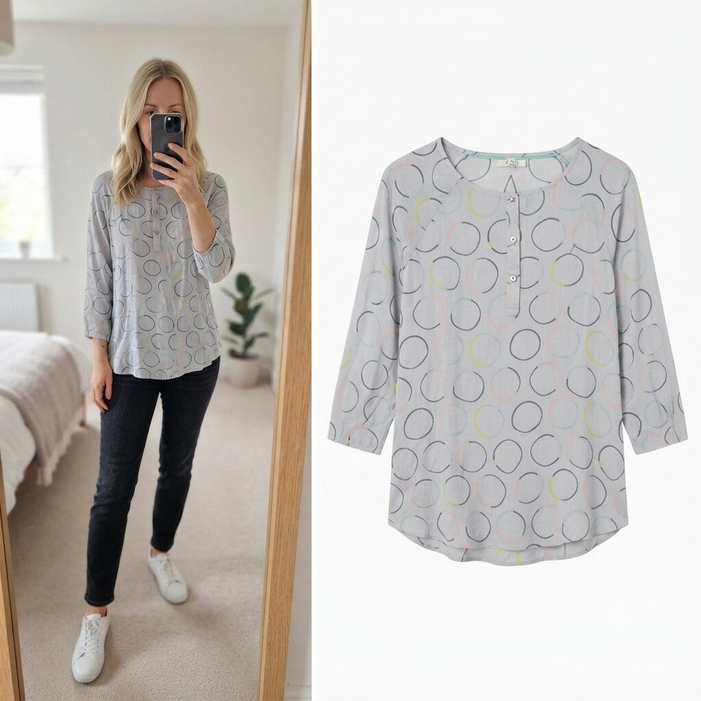 White Stuff Grey Circle Print Button Front Blouse, top, 3/4 sleeves, size 14