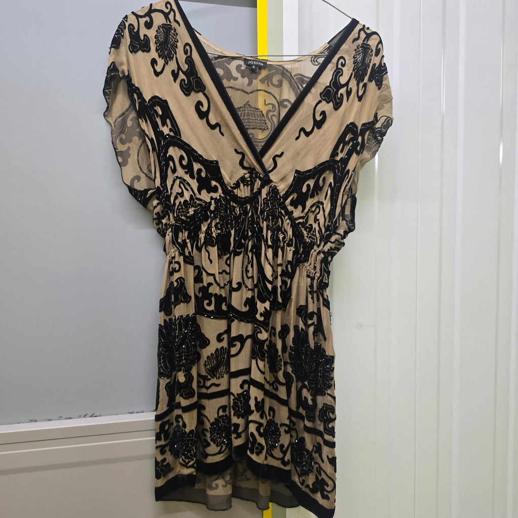 Joseph Beige and Black Velvet Embroidered Silk Mini Dress Size S rare vintage