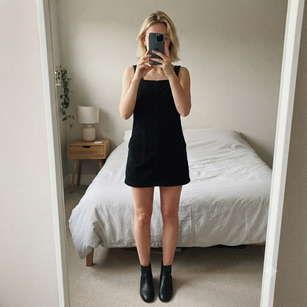 New Look Black Corduroy Pinafore Dress with Front Pockets, UK Size 10