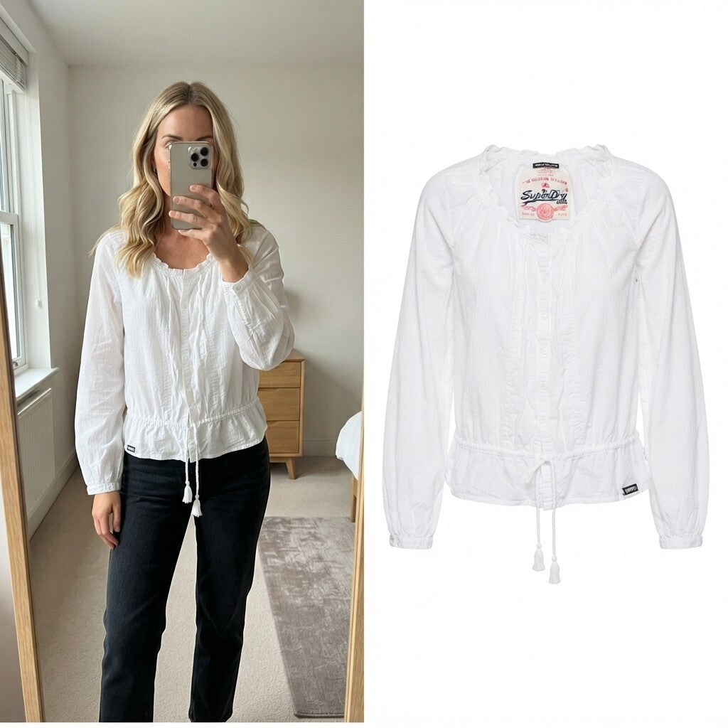 Superdry White Cotton Long Sleeve Blouse with Drawstring Waist, button front L