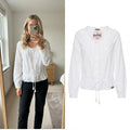 Superdry White Cotton Long Sleeve Blouse with Drawstring Waist, button front L