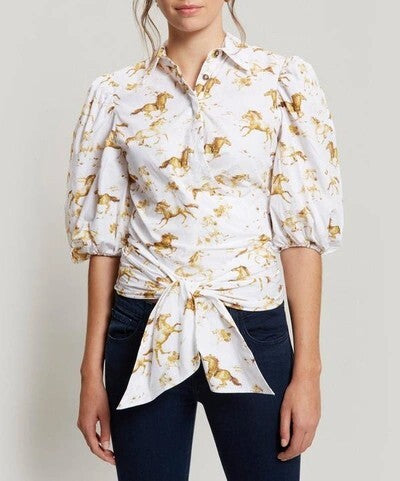 Ganni Horse Print Puff-Sleeve Tie-Front Shirt - Size 34 (UK 6/8), sold out, rare