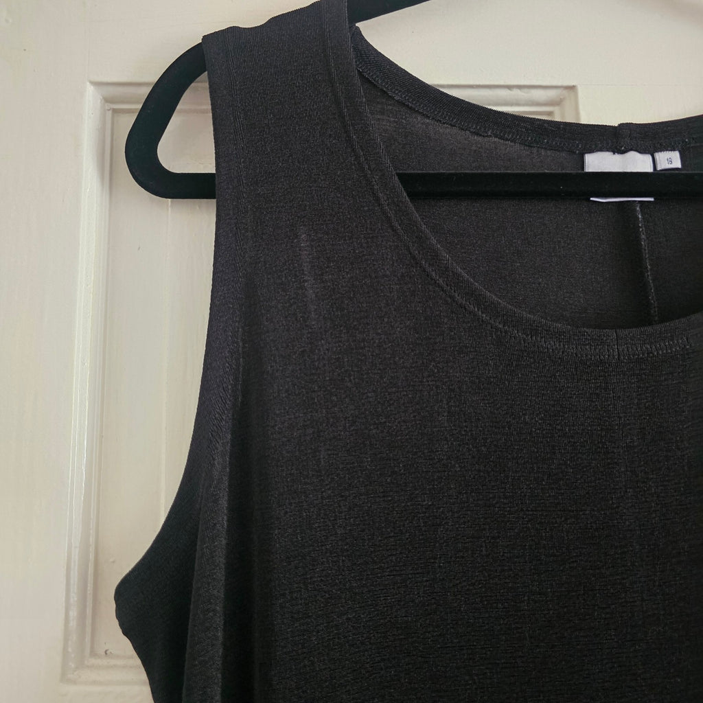 Damart Black Sleeveless Maxi Dress Size 18, small side slits,