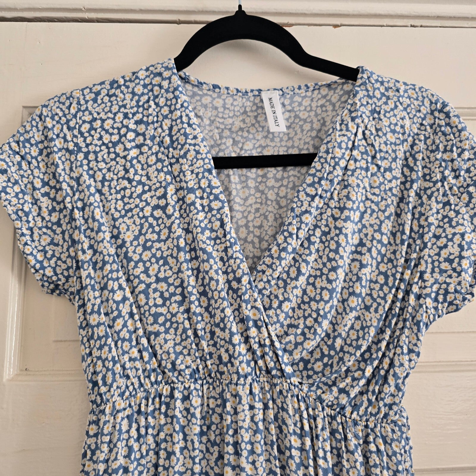 Blue Floral Viscose Wrap Dress with Elastic Waist, size S, lightweight floaty