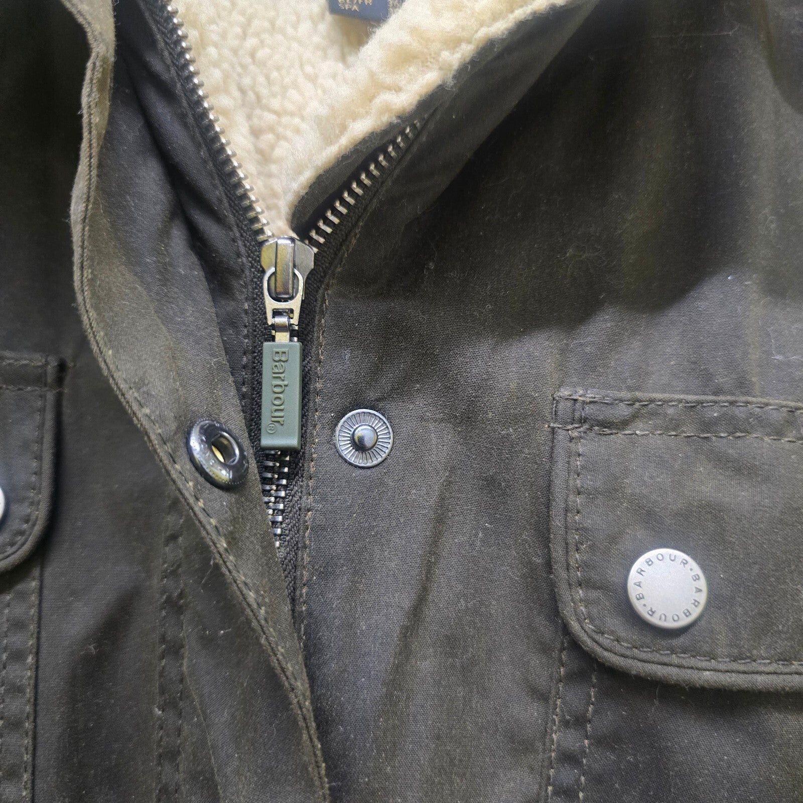 Barbour Caribena Waxed Cotton Jacket, Sherpa Lining, Faux Fur Hood Trim, size 8