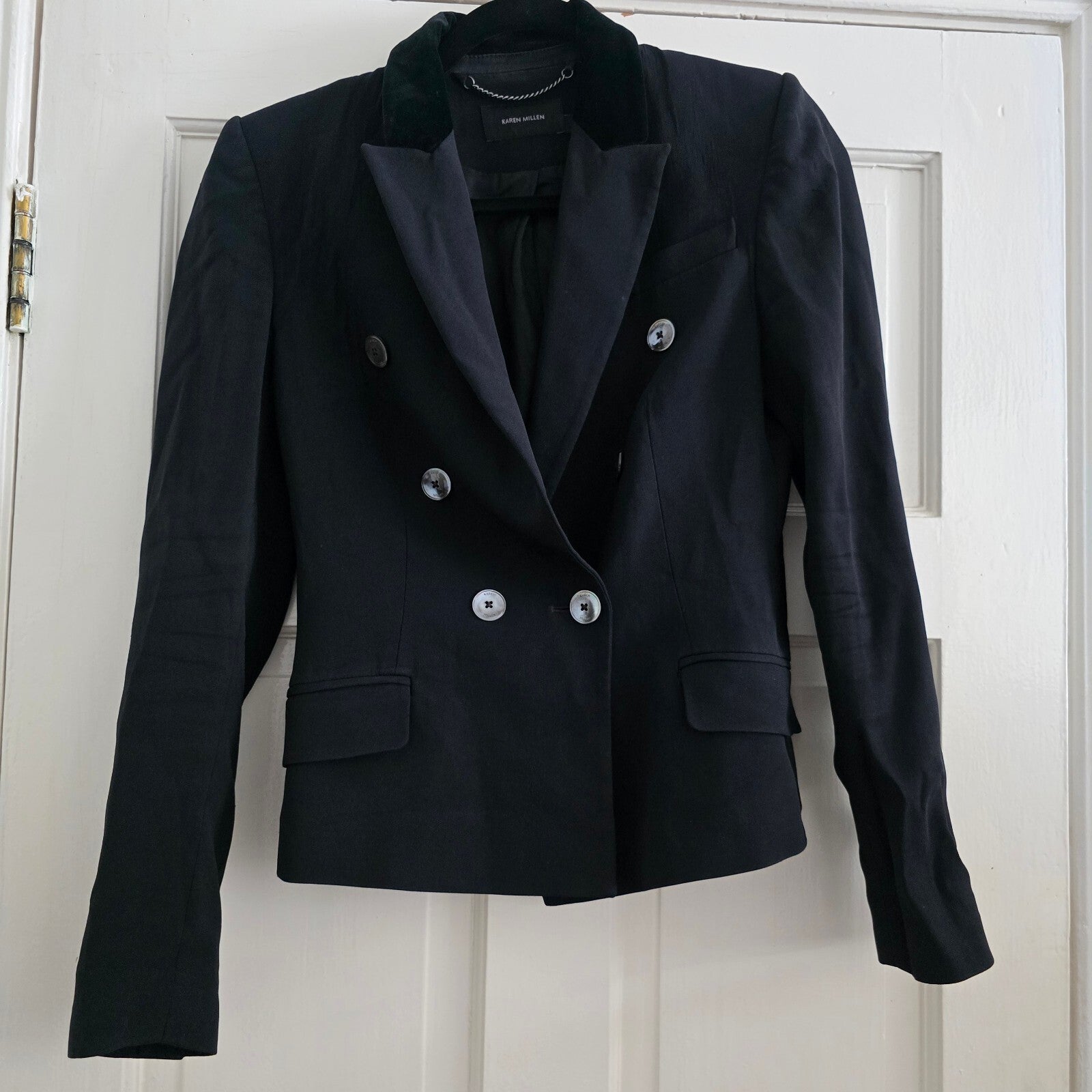 Karen Millen Black Double-Breasted Blazer Jacket UK 8, velvet collar, luxury