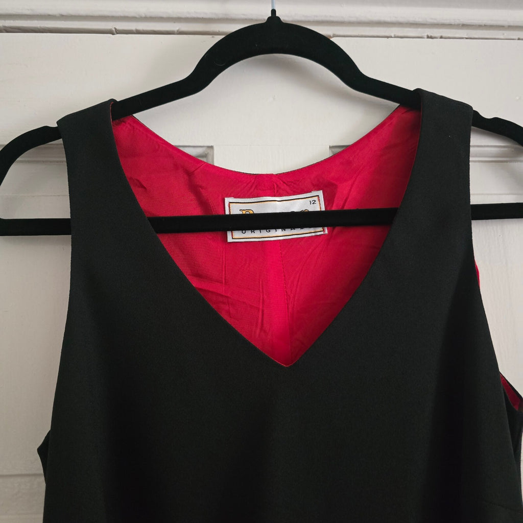 Roman Originals Black V-Neck Midi Dress with Red Lining and Lace Detail Size 12