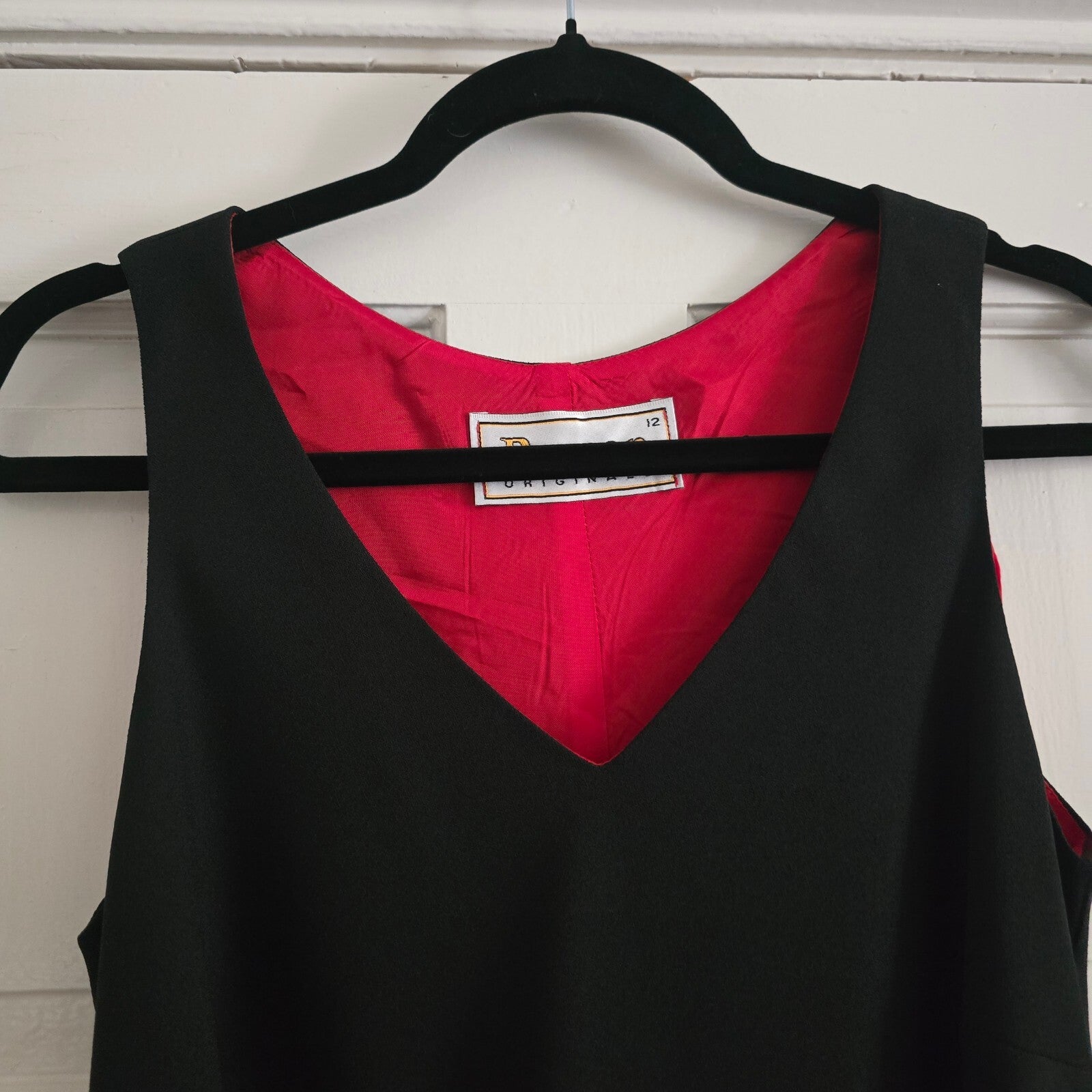 Roman Originals Black V-Neck Midi Dress with Red Lining and Lace Detail Size 12