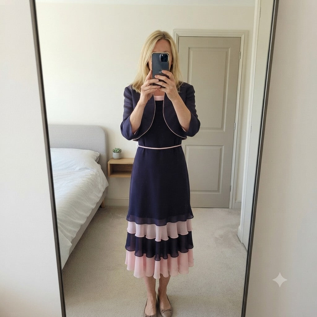 Jacques Vert Navy and Pink Layered Ruffle Dress Suit & Bolero Jacket 20 coord