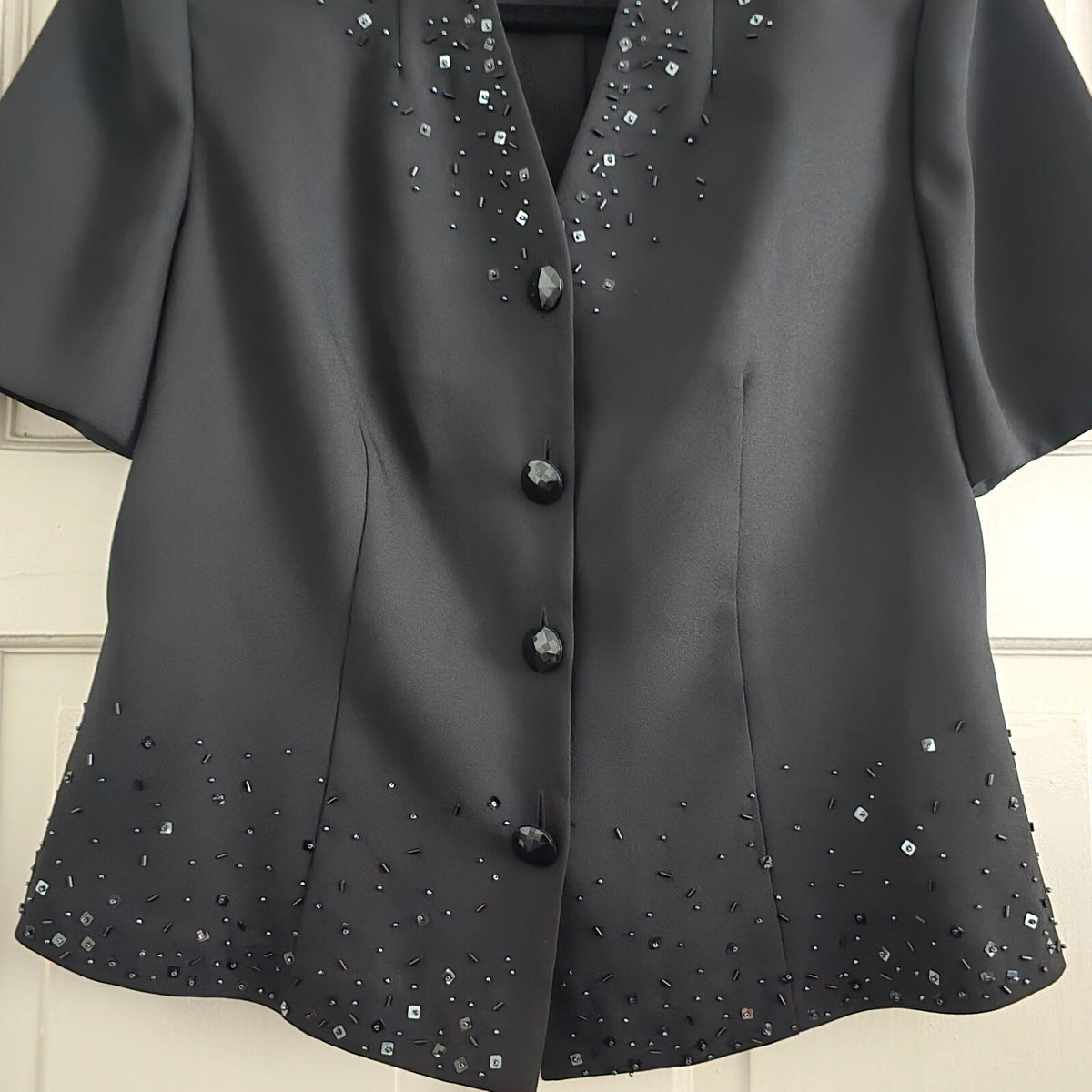 Berketex Black Short Sleeve Beaded Button Blazer Jacket UK Size 12, vintage glam