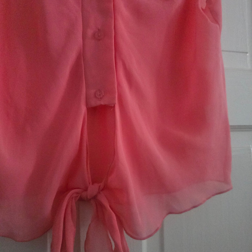 Cotton Rose Coral Sleeveless Sheer Button-Up Blouse Size 10, tie front, keyhole