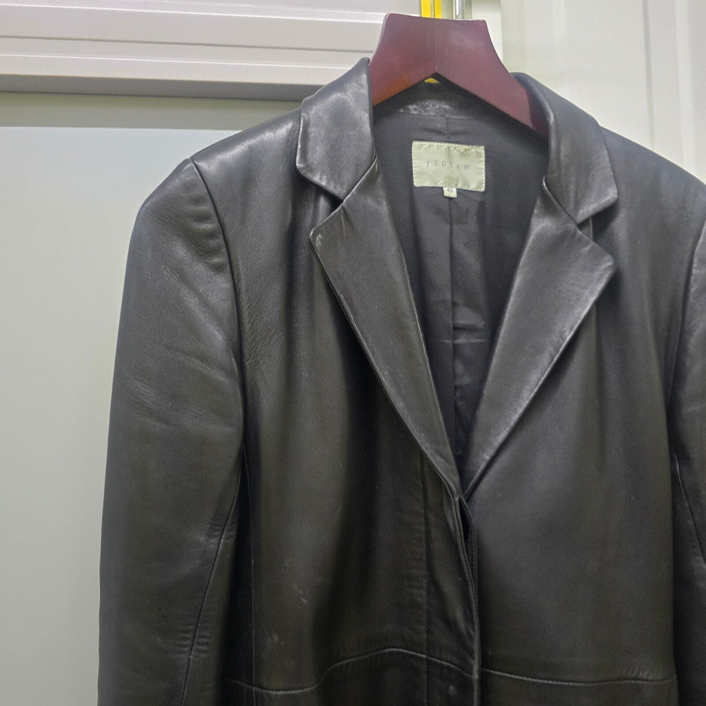Jigsaw Black Soft Leather Long Coat Jacket Size 10, classic, timeless, luxury