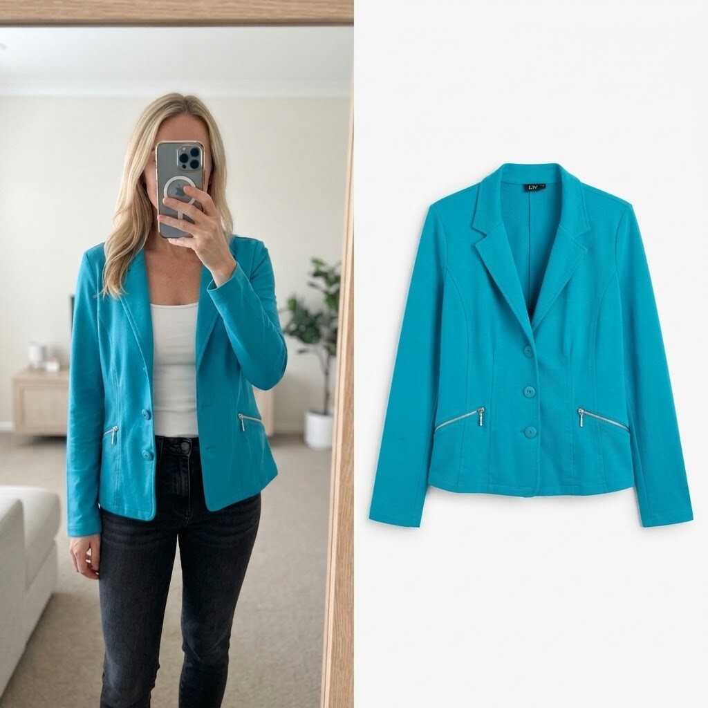LIV Turquoise Blue Tailored Blazer Jacket Size 40, jersey fabric, stretch, comfy