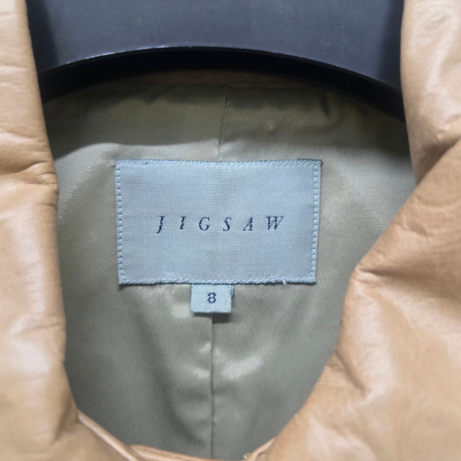 Jigsaw Vintage Beige 100% Leather Long Coat with Lining, size 8