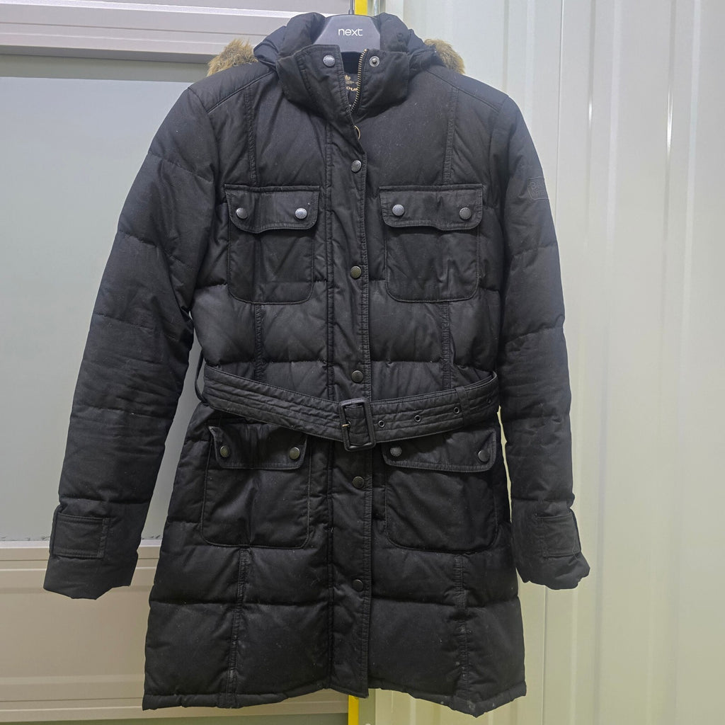 Barbour Storm Down Waterproof Wax Jacket with Faux Fur Hood Trim - UK Size 8