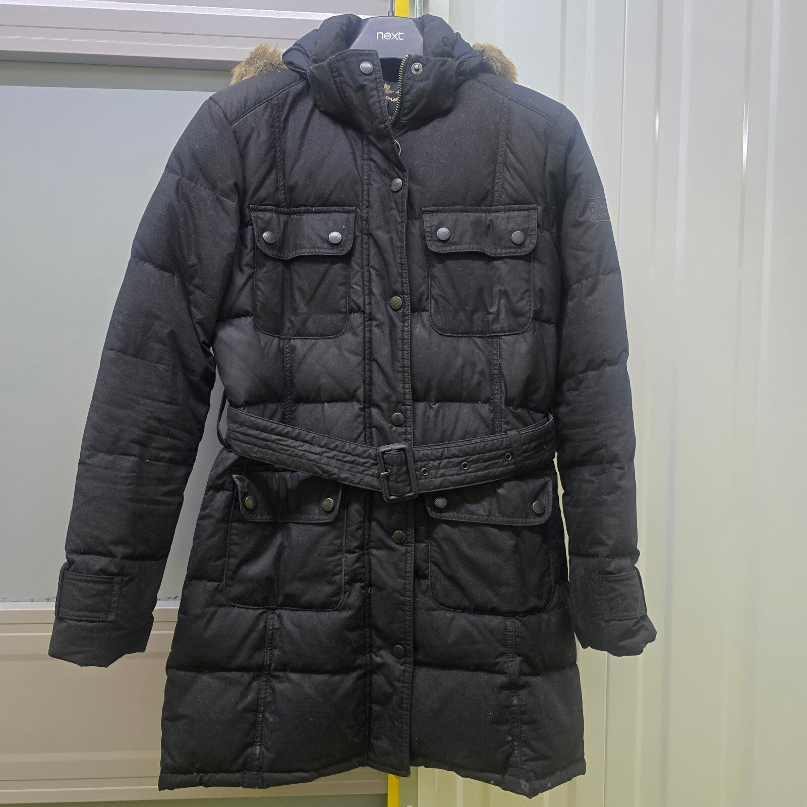 Barbour Storm Down Waterproof Wax Jacket with Faux Fur Hood Trim - UK Size 8