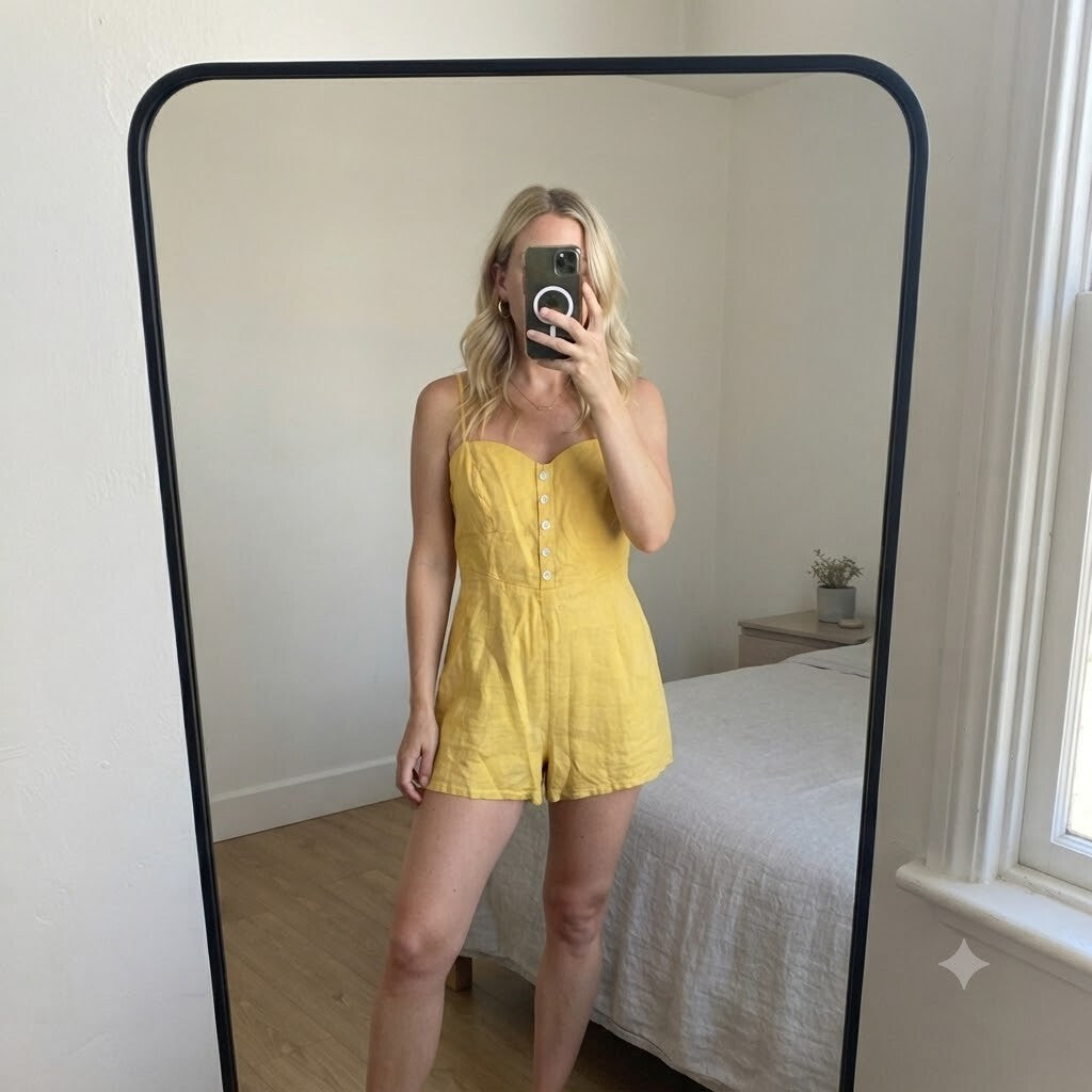Berksha linen look yellow mustard strappy playsuit, romper, size S, tie back detail