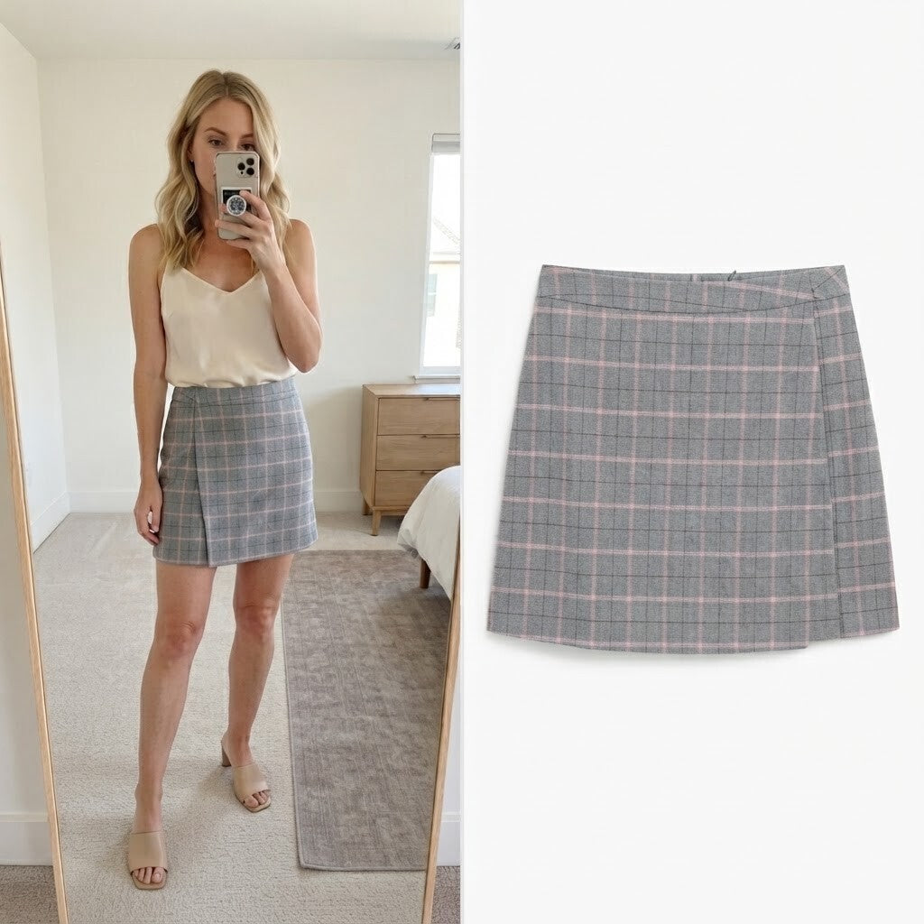 Primark Grey and Pink Checked Mini Skirt UK 10, preppy