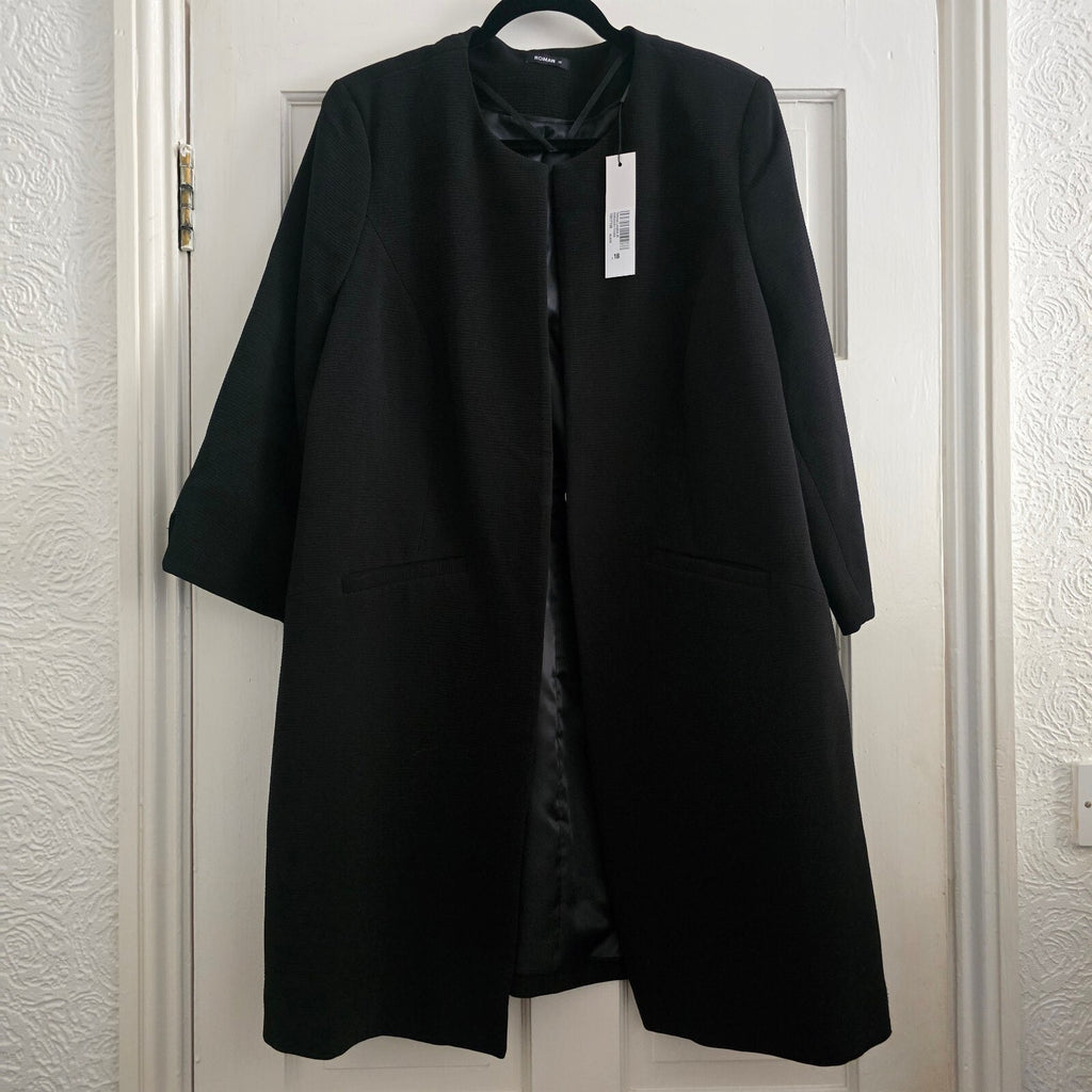 Roman Women's Black Textured Longline Coat Size 18 with Satin Lining, BNWT