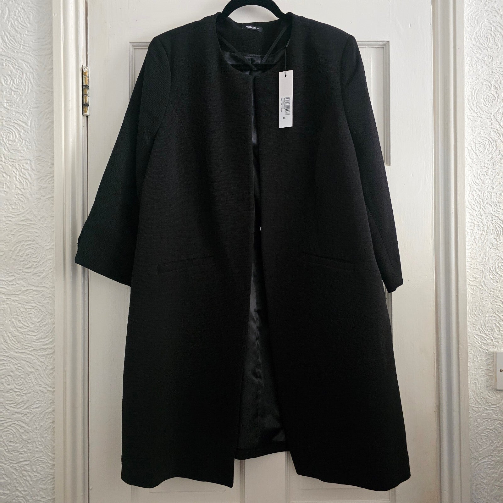 Roman Women's Black Textured Longline Coat Size 18 with Satin Lining, BNWT