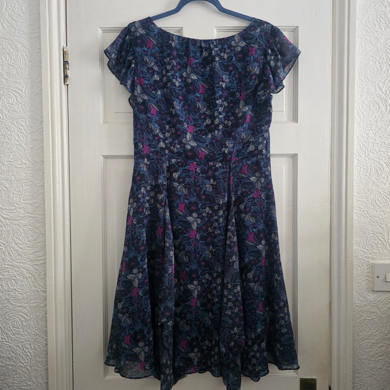 Monsoon Floral Pattern Blue and Pink Short Sleeve A Line Knee Length Dress UK14