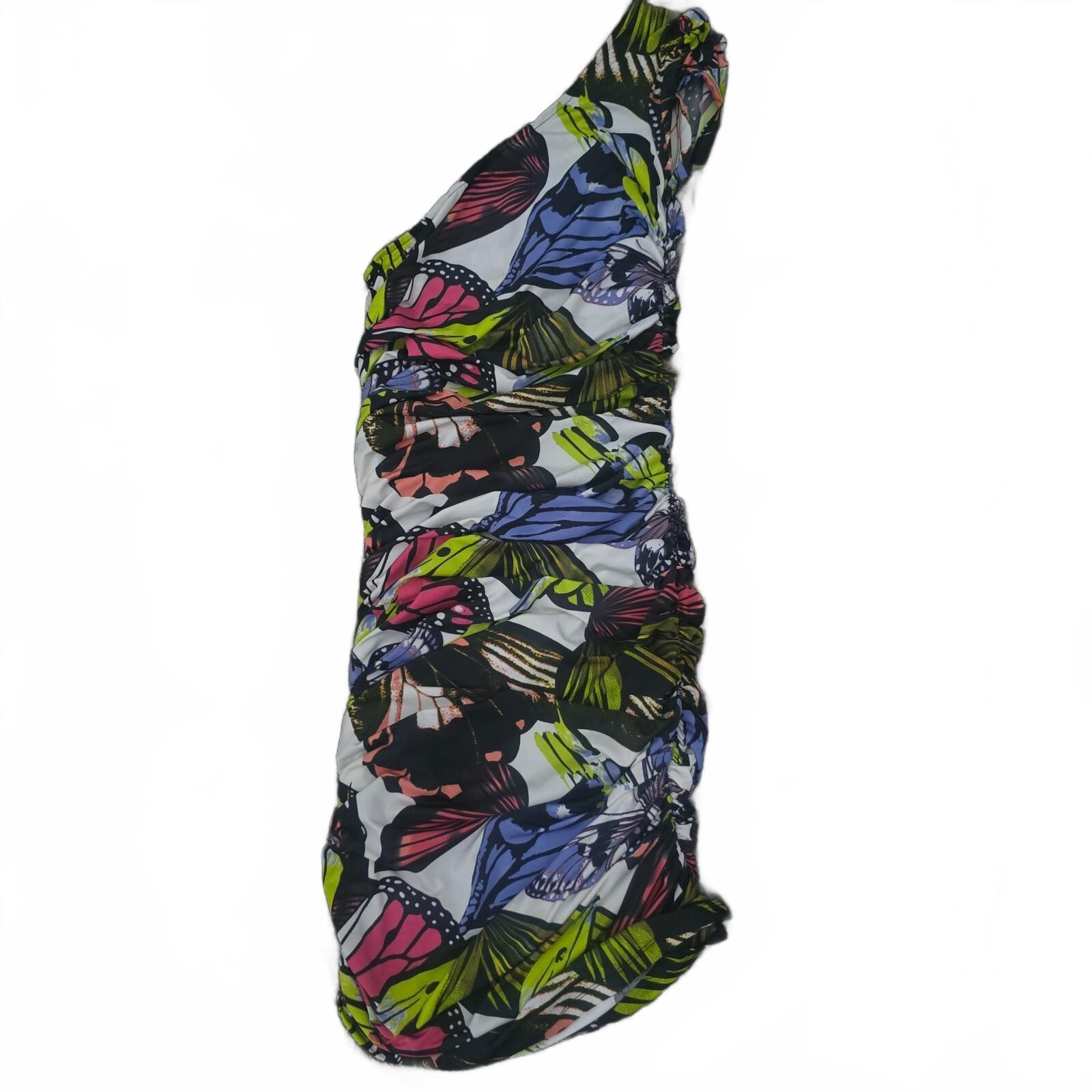 Explosion One-Shoulder Butterfly Print Ruched Dress, stretch, size 10, party