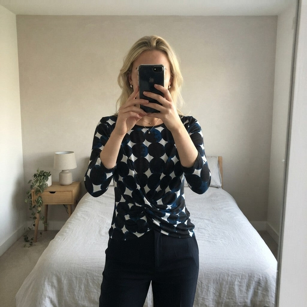 Roman Women's Black and Blue Polka Dot Knot Front Top Tie side Size 10, stretch