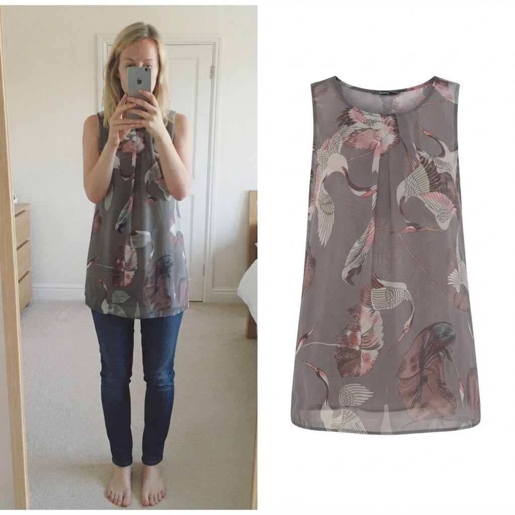 Quiz Sleeveless Tunic Blouse Sleeveless Top with Crane & Floral Print, Small