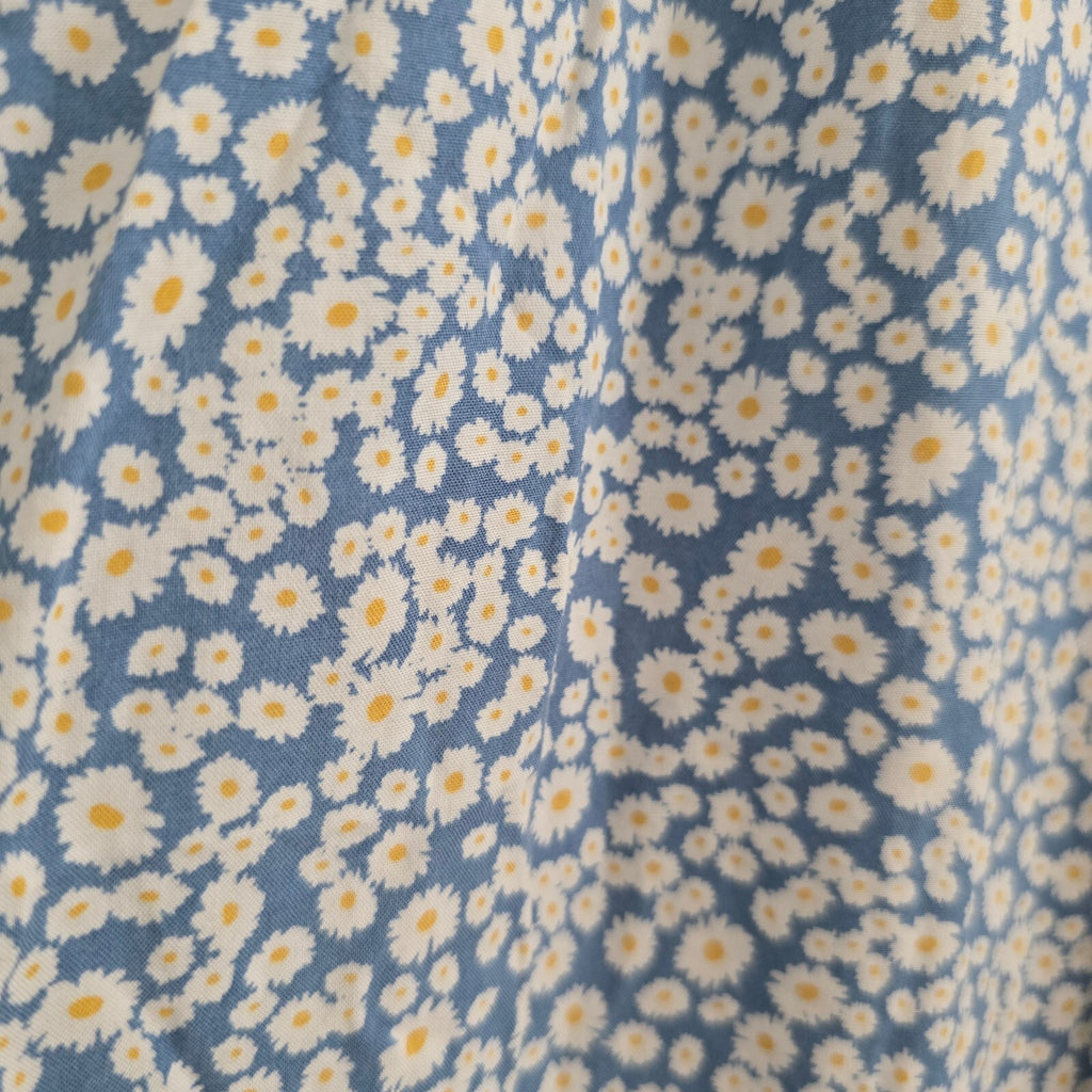 Blue Floral Viscose Wrap Dress with Elastic Waist, size S, lightweight floaty