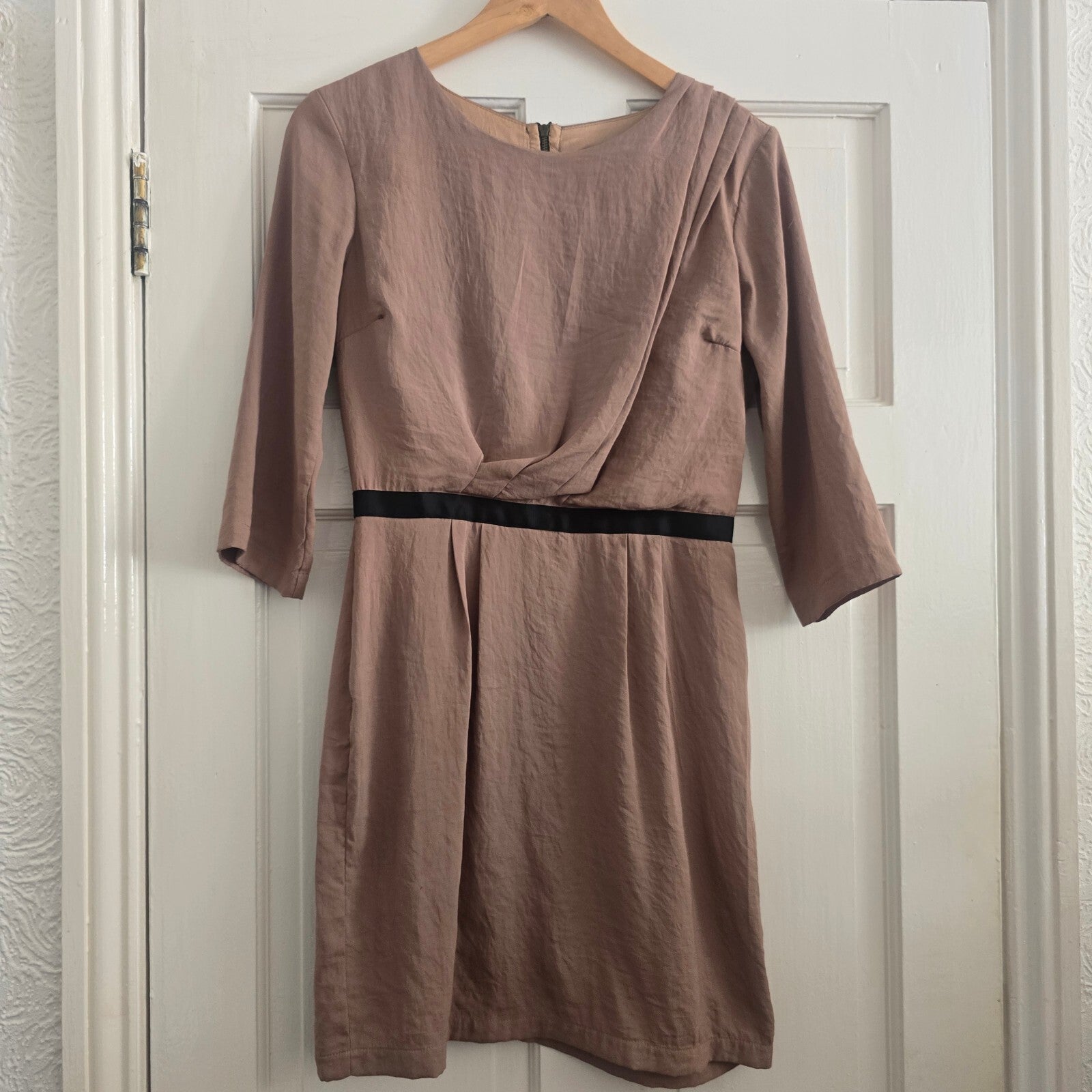 Topshop Women's Taupe Dress with Black Waist Detail, UK Size 10