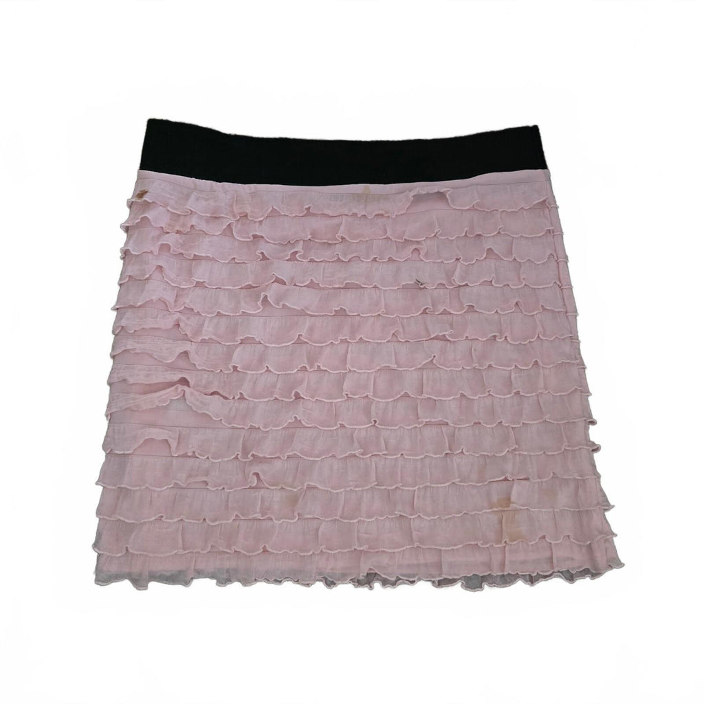 River Island Pink Ruffle Mini Skirt with Black Waistband Size 10