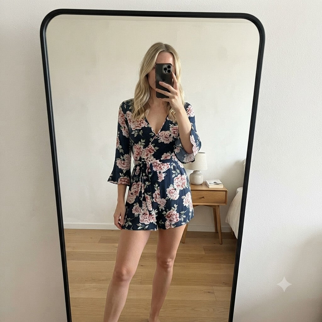 Topshop long sleeve floral print playsuit, romper, size 10, petite, summer, faux wrap
