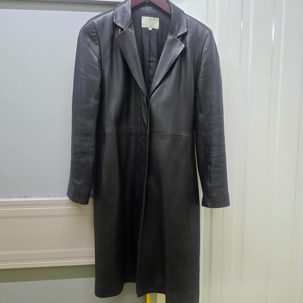 Jigsaw Black Soft Leather Long Coat Jacket Size 10, classic, timeless, luxury