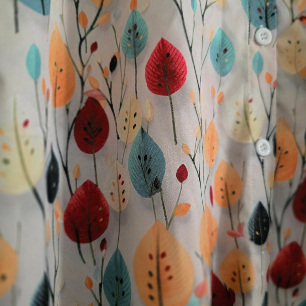 Lightweight Long Sleeve Shirt Blouse with Autumn Leaf Print, Size XL