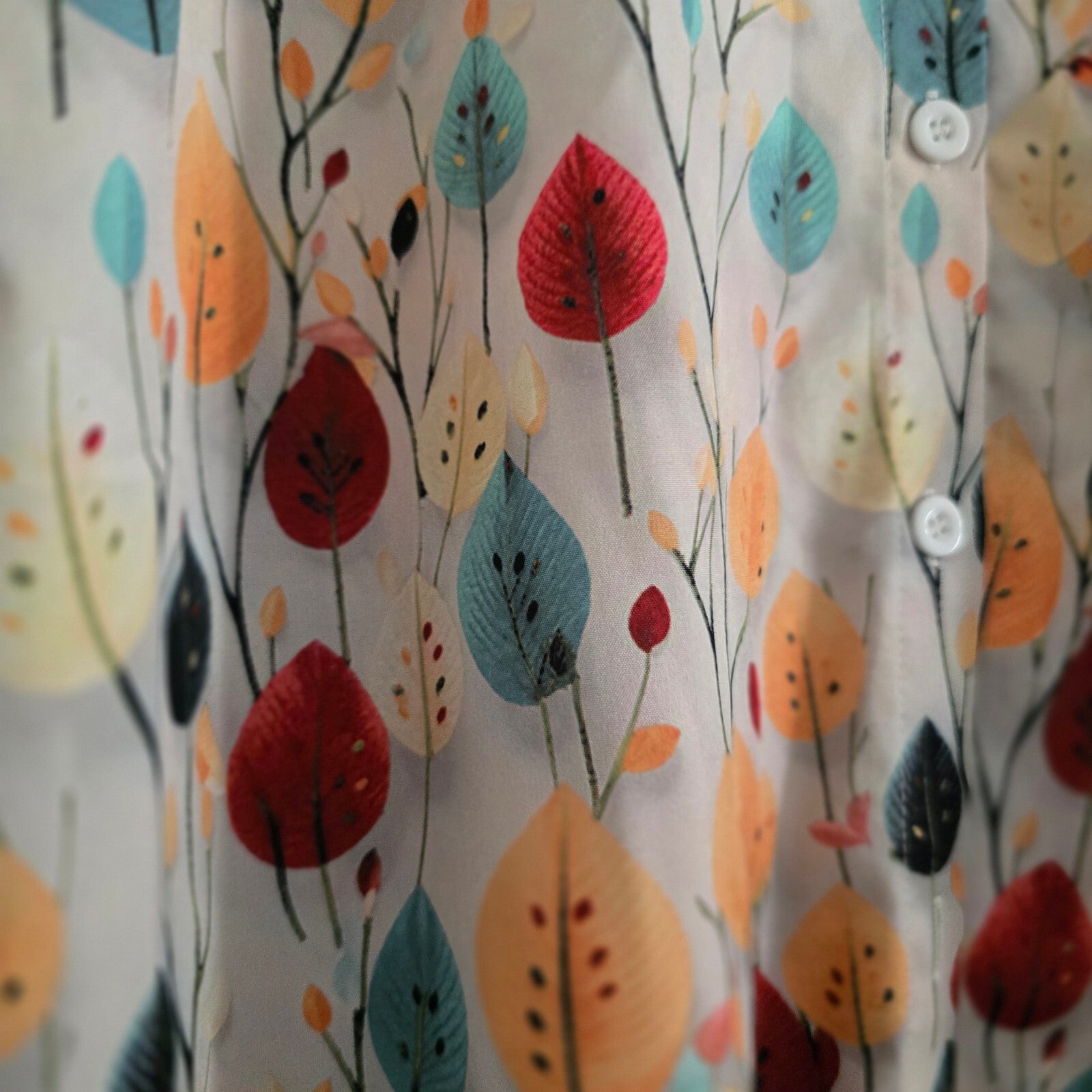 Lightweight Long Sleeve Shirt Blouse with Autumn Leaf Print, Size XL