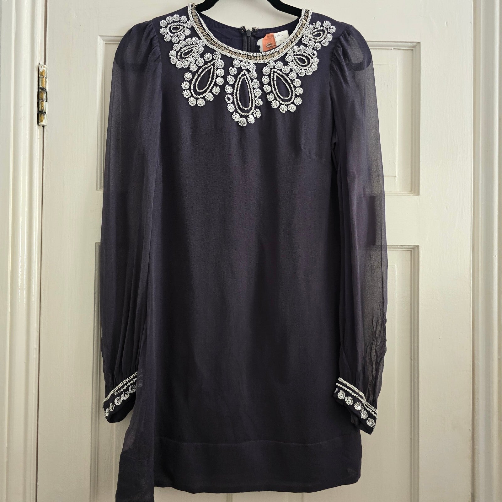 French Connection Embellished Navy Dress Size 8, sheer sleeves, tunic style