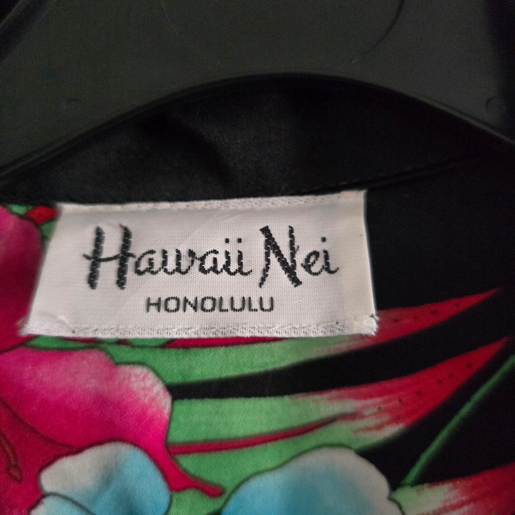 Hawaii Nei Vintage Floral Hawaiian Shirt Black with Pink and Blue Flowers, satin