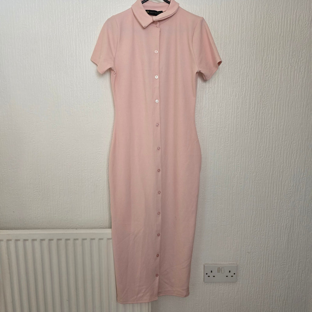 I Saw It First Pink Button-Down Midi Polo Dress with Short Sleeves and Collar 10
