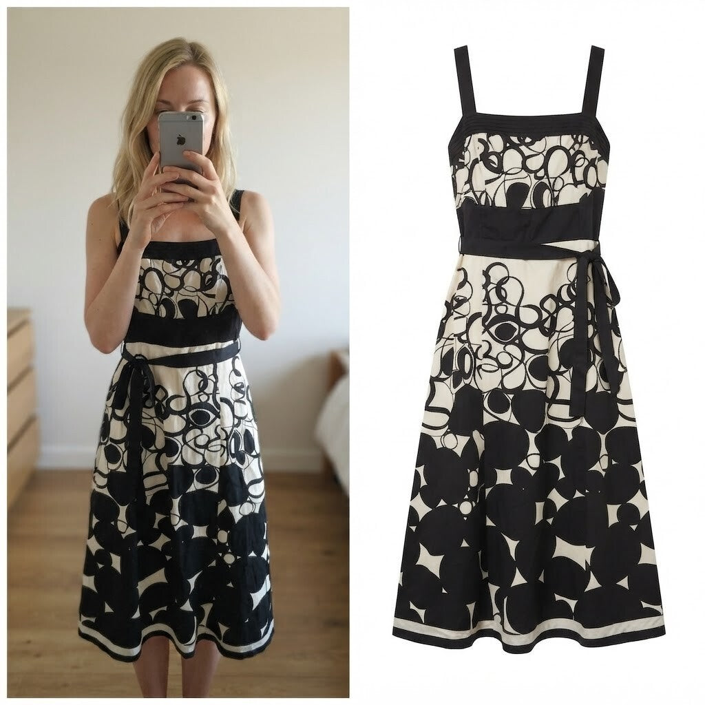 Monsoon Black and White Patterned Midi Dress UK 8 EUR 36, linen mix