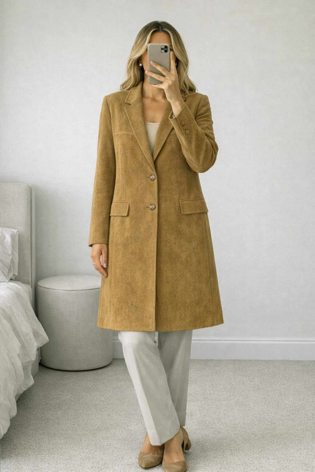 Jigsaw Tan Suede Leather Long Blazer Coat, Vintage, Luxury, Size 8